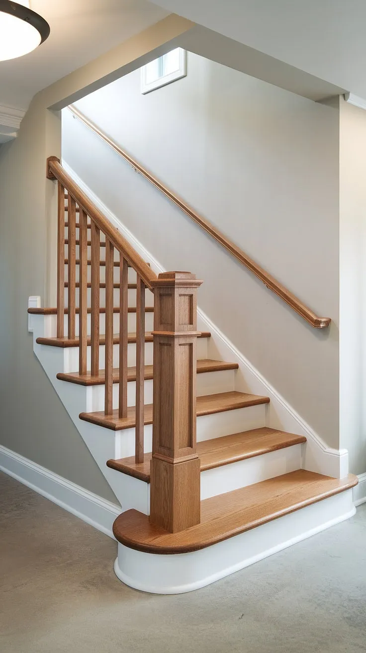 Upgrade your basement with this stunning basement stair design.  The thoughtful choice of basement stair materials, including the rich wood and sleek railing, creates a welcoming atmosphere.  This project highlights the importance of basement stair safety and the impact of basement stair lighting on overall design.  Explore these basement stair ideas and basement staircases for your next home improvement project.