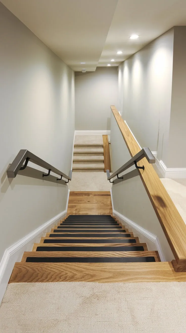 Sleek Minimalist Wooden Stairs with Matte Black Handrail