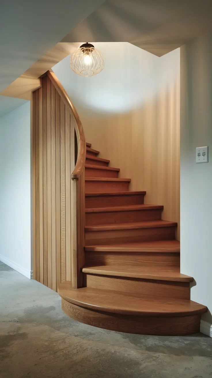 Curved Wooden Basement Stairs with Elegant Lighting
