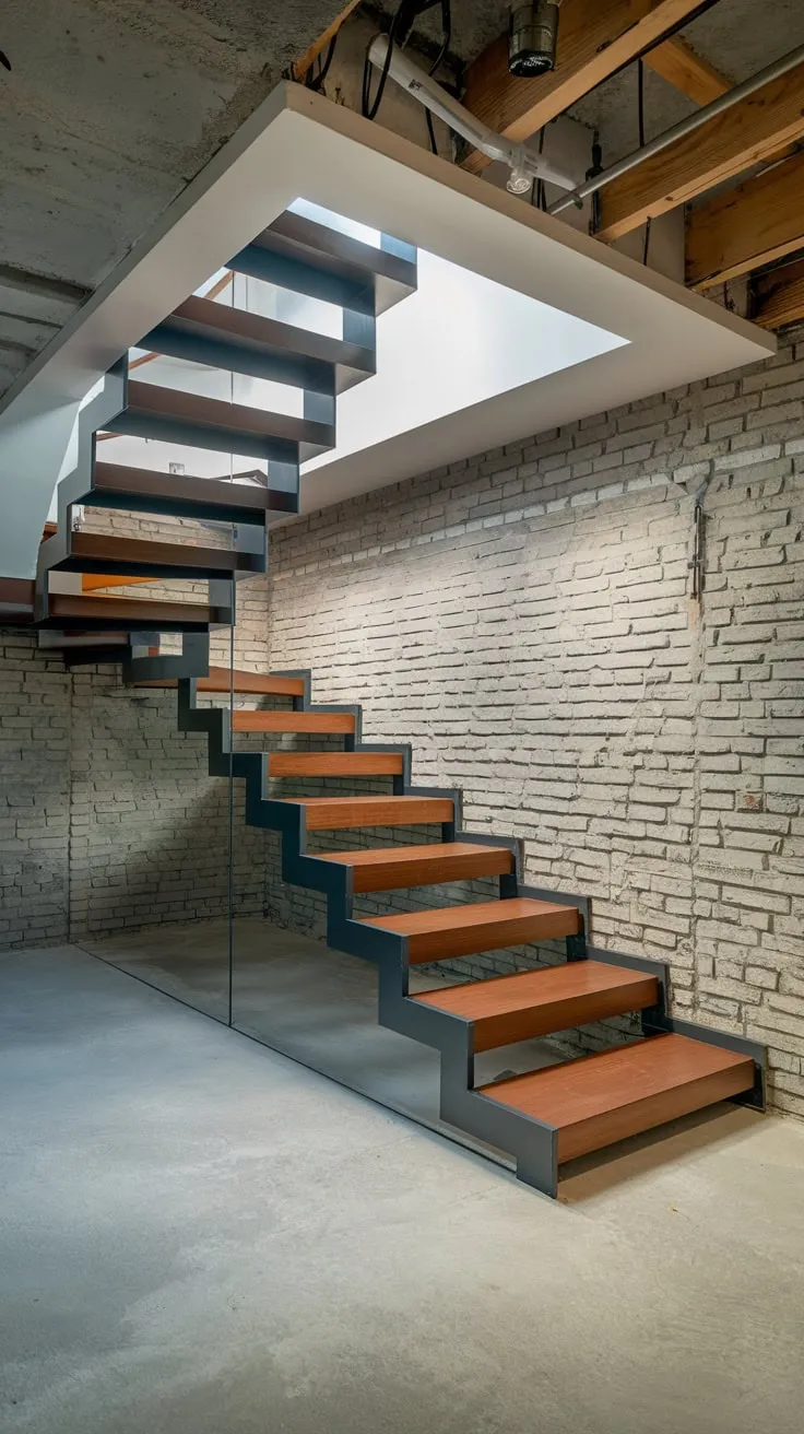 Stylish Zigzag Steel and Wood Basement Stairs