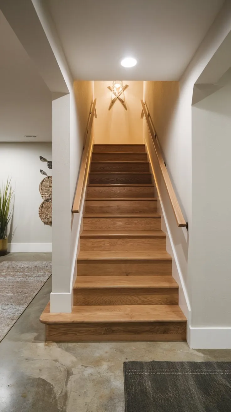 Sleek Wooden Basement Stairs with Bright Illumination
