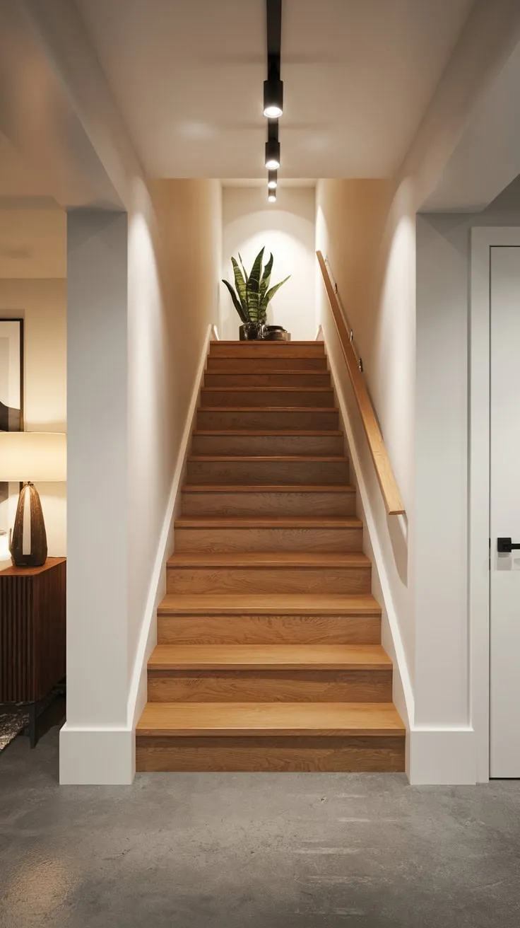 Sleek Minimalist Basement Stairs with Elegant Illumination