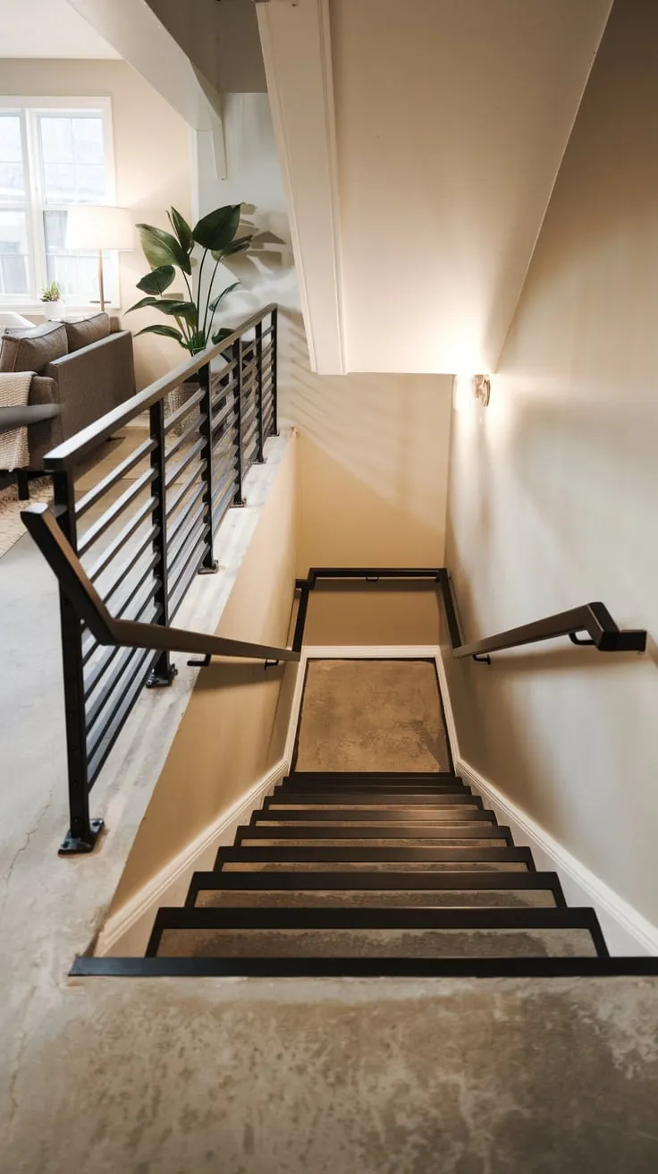 Sleek Black Metal Railing Enhances Modern Basement Stairs