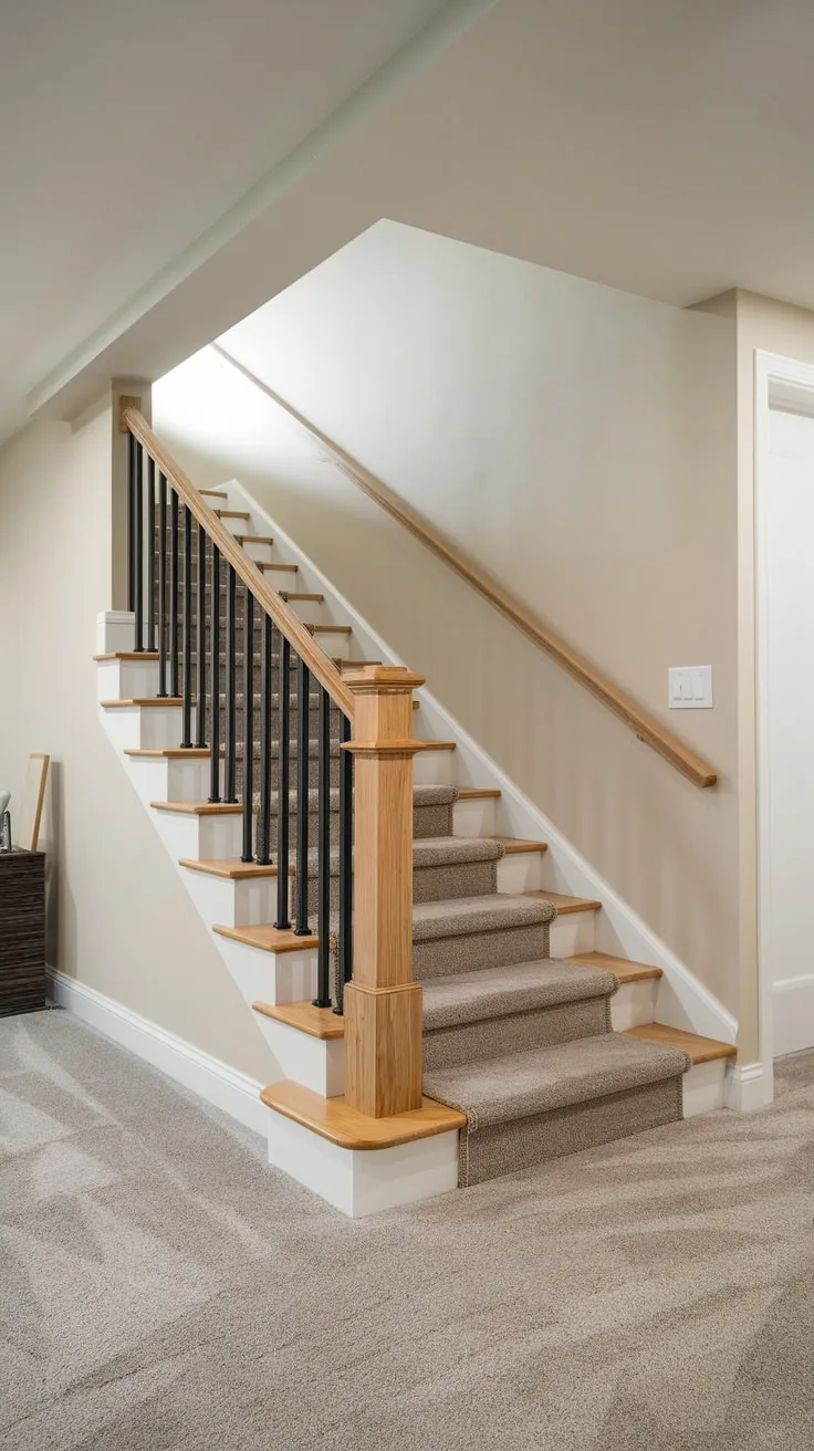 Sleek Minimalist Basement Stairs with Bright Lighting