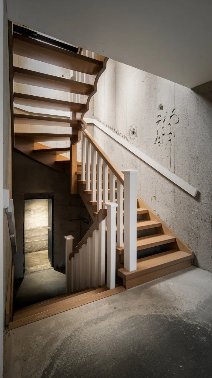 Curved Wooden Staircase Leading to Dimly Lit Basement