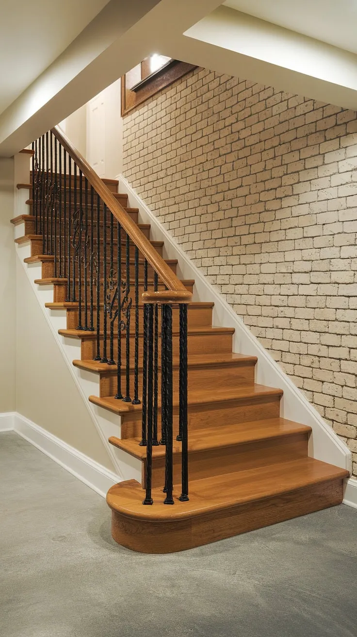 Sleek and safe, this basement stair design showcases the perfect blend of functionality and style.  The glossy wooden stairs, complemented by a sturdy wrought iron railing, ensure both basement stair safety and a touch of elegance.  Consider this inspiration for your own basement stair renovation, exploring various basement stair materials and lighting options to achieve your ideal basement stair construction.  This project highlights smart basement stair ideas for maximizing space and enhancing the overall aesthetic of your basement staircases.