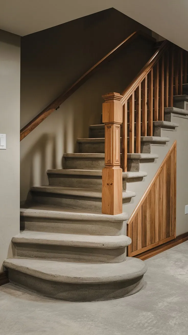 This basement stair design showcases the perfect blend of rustic charm and modern safety.  The rough-hewn concrete steps, complemented by a sturdy wooden railing, offer a unique aesthetic while prioritizing basement stair safety.  Consider this inspiration for your own basement stair renovation, exploring various basement stair materials and lighting options to achieve the ideal balance of style and functionality in your basement stair construction.  This project highlights clever basement stair ideas for maximizing space and enhancing the overall basement staircases.