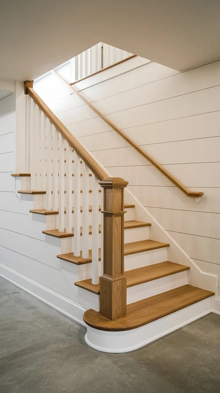 Illuminating the way down:  This basement stair design expertly blends form and function.  The curved basement stairs, crafted from high-quality basement stair materials, are complemented by a minimalist white railing ensuring basement stair safety.  The thoughtful basement stair lighting and overall basement stair renovation create a bright and inviting space. Explore these basement stair ideas for your next project.