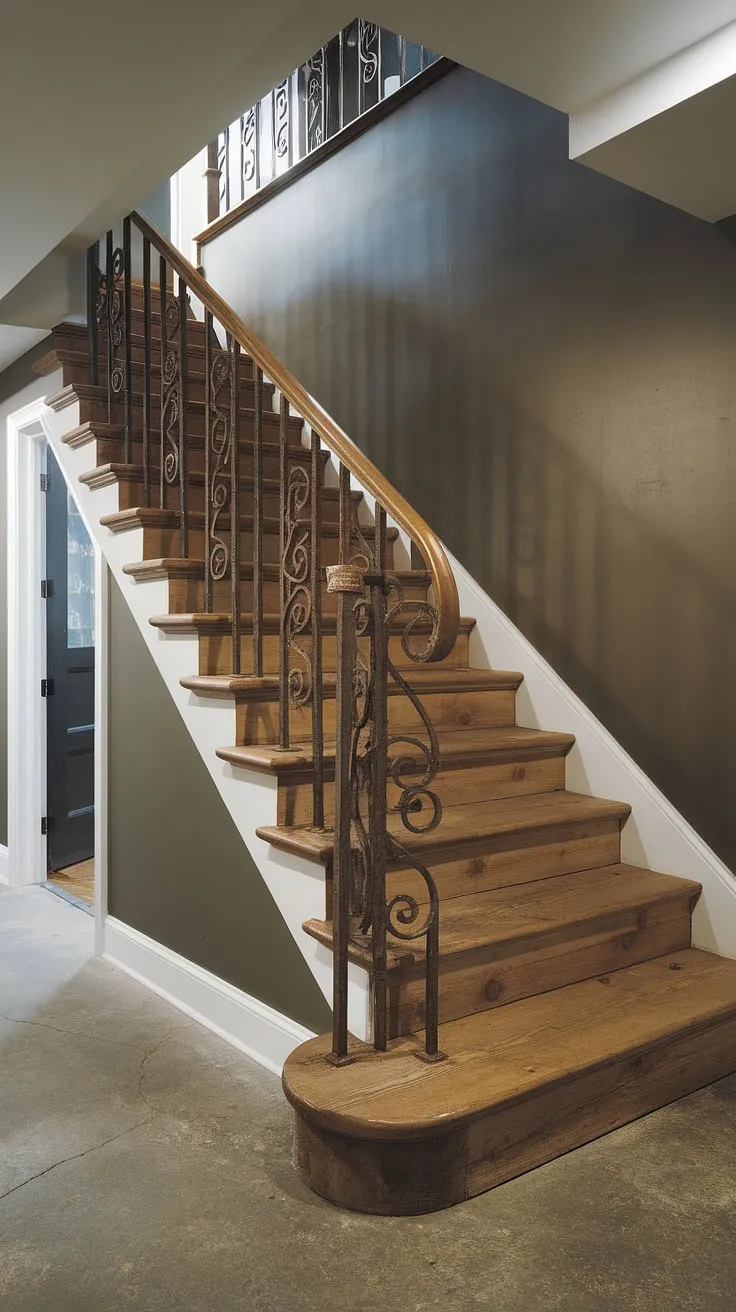 This stunning basement stair design showcases the beauty of rustic wood and elegant wrought iron.  The thoughtful basement stair lighting highlights the rich grain of the wood and intricate details of the basement stair railing, ensuring both style and basement stair safety.  Consider this inspiration for your own basement stair renovation, exploring various basement stair materials and construction techniques to achieve a similar look.  The careful attention to detail, from the visible wood grain to the decorative curls of the railing, elevates this basement stair construction to a work of art.  Explore basement stair ideas and find the perfect blend of form and function for your home.