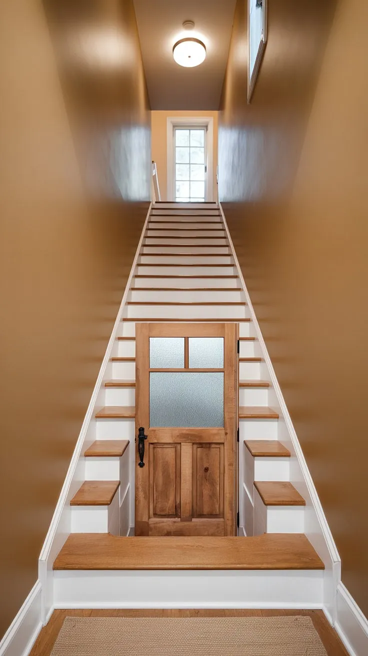 This basement stairway makeover transformed a cramped, dark space into a bright and inviting passageway. The warm beige paint on the walls and the light-hued wooden basement steps create a cohesive and elegant basement stairway design. Clever use of lighting and a simple, clean aesthetic showcases excellent basement stairwell ideas, even within the constraints of narrow basement stairs. The frosted glass door at the bottom adds a touch of privacy while maintaining a sense of openness. This interior basement staircase is a perfect example of a successful basement stairway renovation, showcasing thoughtful basement stairway decor.