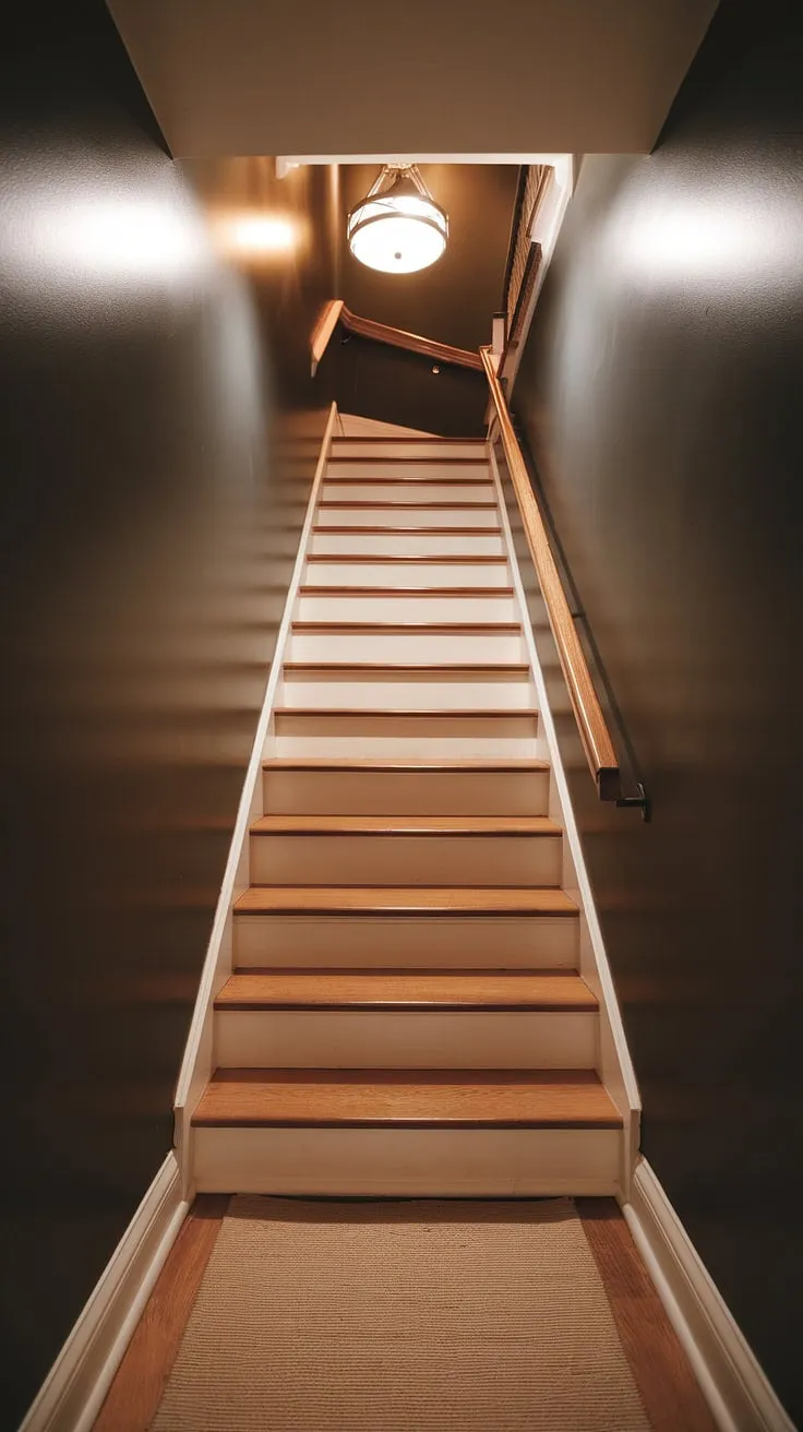 Dark and moody yet warm and inviting, this basement stairway renovation showcases clever basement stairwell ideas for even the narrowest basement steps. A perfect blend of function and style in basement stairway design.