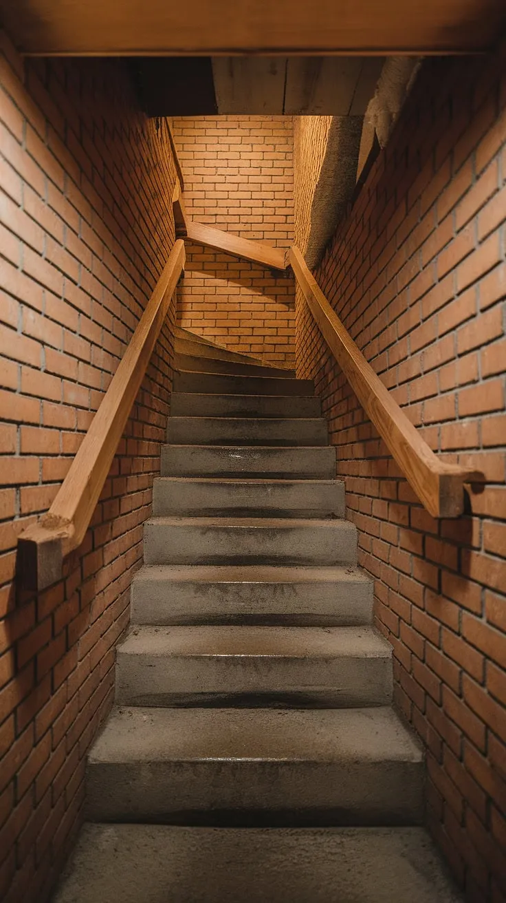 Descend into the depths with this dimly lit, narrow basement stairway. The rough-textured concrete steps and warm orange brick walls offer a unique aesthetic, perfect for basement stairwell ideas. Consider a basement stairway makeover with updated wooden railing for a touch of elegance, showcasing clever basement stairway design. This interior basement staircase, while narrow, presents opportunities for basement stairway decor and a potential basement stairway renovation.