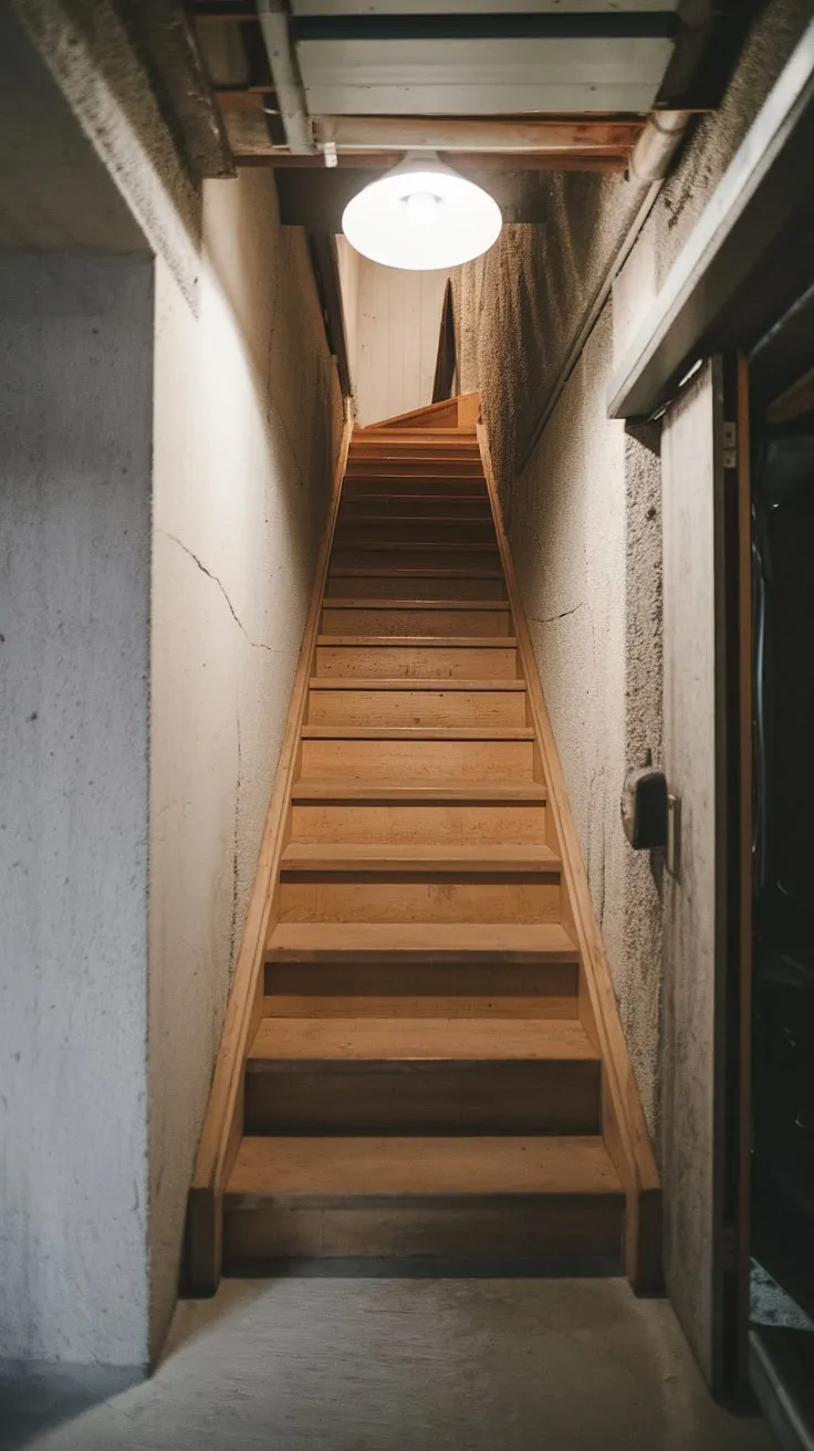 The narrow basement stairway, with its worn wooden steps and cracked concrete walls, hints at a hidden history. This interior basement staircase, while undeniably cramped, offers inspiration for basement stairway design and basement stairwell ideas. A simple light fixture casts a warm glow, suggesting potential for a basement stairway makeover or even a complete basement stairway renovation. The existing basement stairway decor is minimal, leaving ample room for creativity. Consider this a starting point for transforming this narrow basement stairs into a charming and functional space.