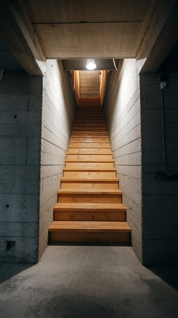 A dimly lit journey down this narrow basement stairs. Basement stairwell ideas abound for this space; consider a basement stairway renovation to enhance both function and style. The existing wooden basement steps offer a unique starting point for your interior basement staircase design.
