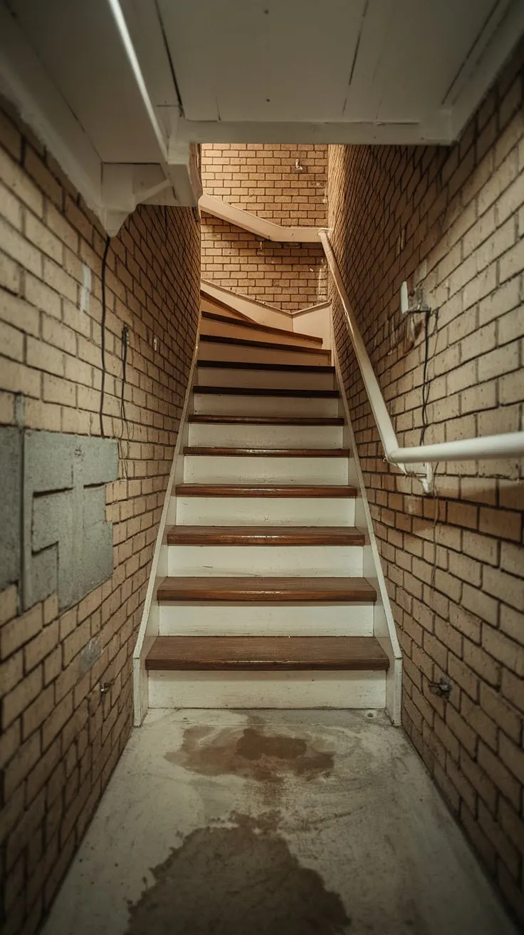The worn wooden basement steps and exposed brick whisper stories. A basement stairway makeover could transform this narrow basement stairs into a captivating interior basement staircase, showcasing your unique basement stairway decor.