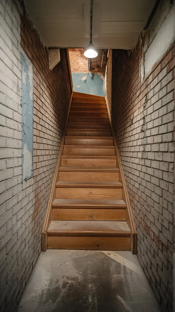 Descending into the darkness, this narrow basement stairs leads to an unknown. The worn wooden basement steps and exposed brick walls speak of age and potential. A basement stairway renovation could dramatically improve this space, transforming it with thoughtful basement stairway design and creative basement stairway decor. Consider the possibilities for basement stairwell ideas and a complete basement stairway makeover.