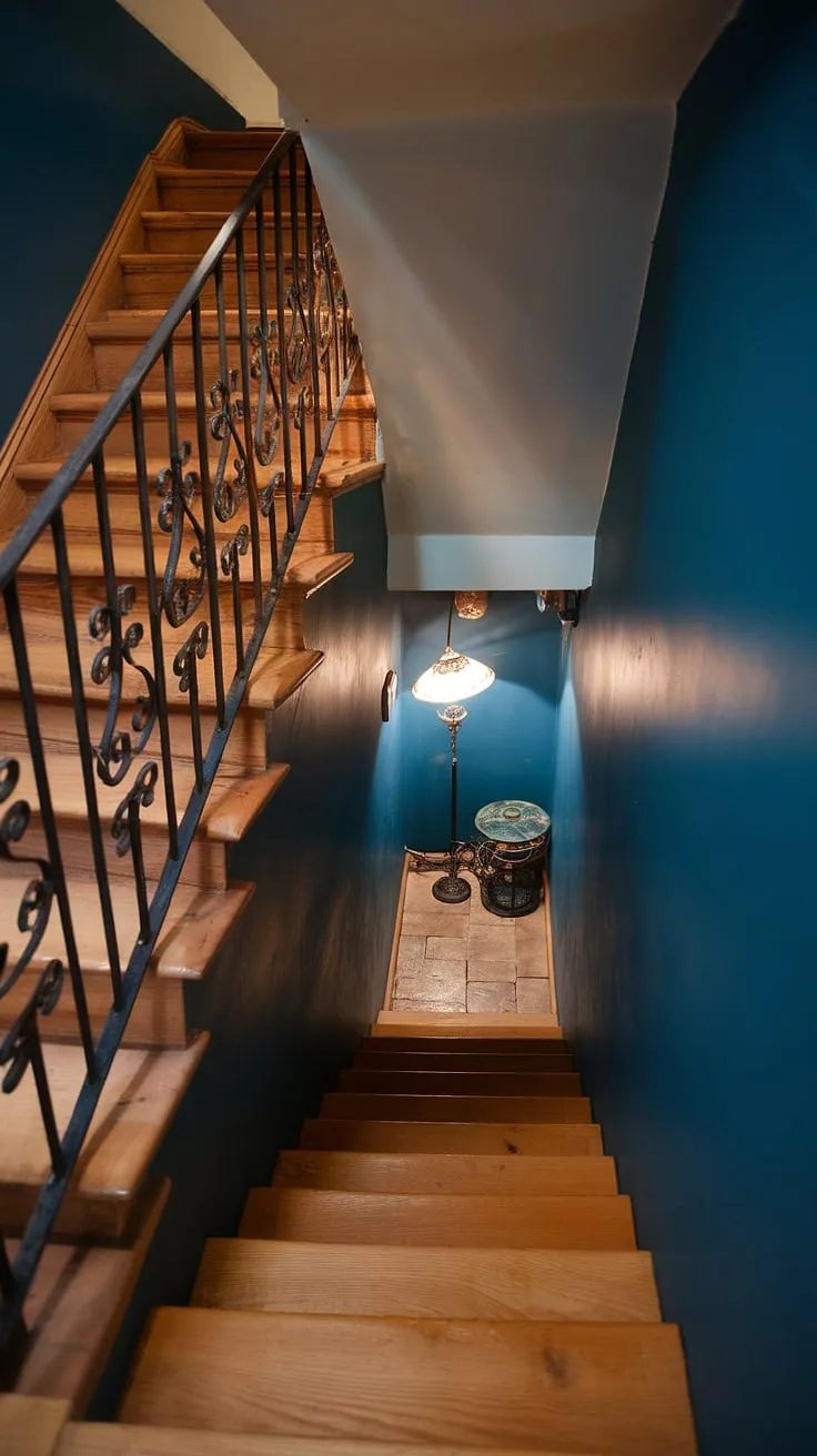 This charming basement stairway, with its wrought iron railing and deep blue walls, showcases how a basement stairway renovation can dramatically improve a home. The narrow basement stairs are surprisingly inviting, offering inspiration for your own basement steps and basement stairway decor. Consider these basement stairwell ideas for your next project.