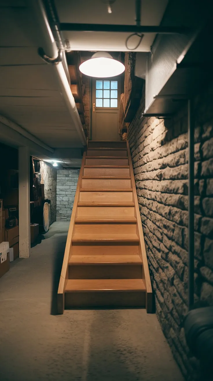 The aged wooden basement steps of this narrow basement stairwell wind upwards towards a light-filled door, offering a glimpse beyond the stone walls and cluttered corners of this basement. This basement stairway, while currently a challenge in terms of basement stairway design, presents exciting possibilities for a basement stairway renovation. Consider the potential for basement stairway decor and a complete basement stairway makeover to enhance both functionality and aesthetic appeal. Exploring basement stairwell ideas could dramatically improve this interior basement staircase.