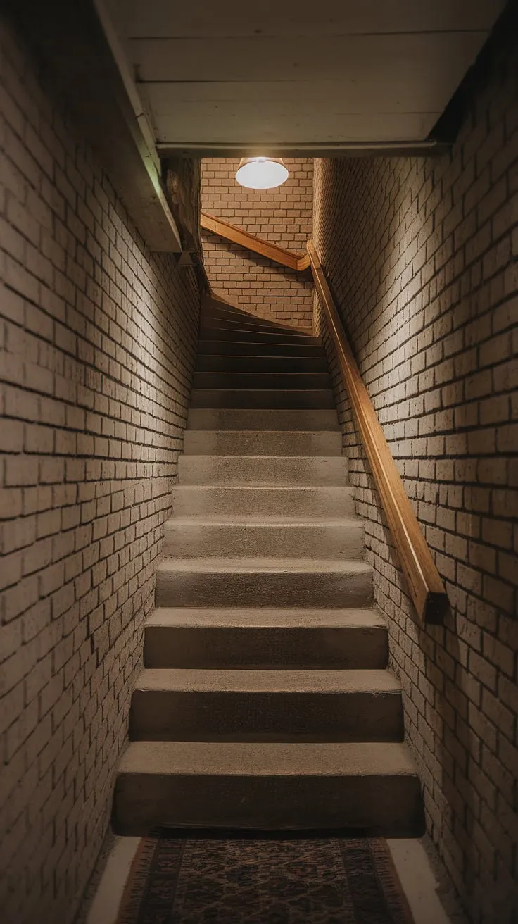 Descend into mystery: This narrow basement stairway, ripe for a makeover, hints at untold stories. Basement stairway design possibilities abound for this intriguing space.