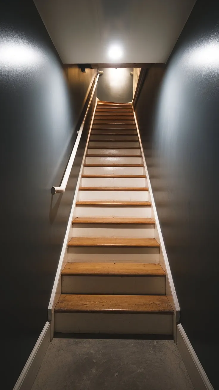 The light at the top of this narrow basement stairway casts a dramatic glow on the worn wooden steps, hinting at the potential for a basement stairway makeover. The dark gray walls and white rail offer a simple backdrop for basement stairway decor ideas, while the concrete floor grounds the space. This interior basement staircase, though currently compact, presents exciting possibilities for basement stairway design and basement stairwell ideas, perhaps even a complete basement stairway renovation.