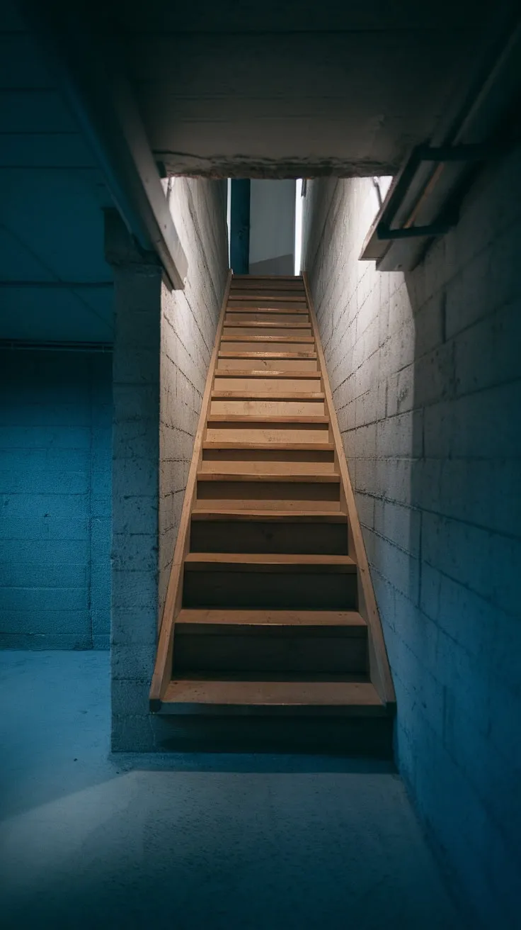 The aged wooden steps of this narrow basement stairway lead upward, a stark contrast to the rough concrete of the basement walls. The dimly lit basement stairwell presents a challenge, but also an opportunity. This image sparks inspiration for basement stairway design, basement stairway renovation, and even basement stairway decor. Consider the possibilities for transforming this space with creative basement stairwell ideas, even within the constraints of these narrow basement stairs. A basement stairway makeover could dramatically change the feel of this interior basement staircase.