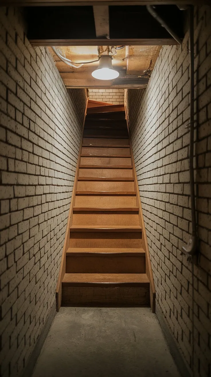 Descend into mystery: This narrow basement stairway, ripe for a makeover, offers endless basement stairway design possibilities. Consider creative basement stairwell ideas to transform this space.