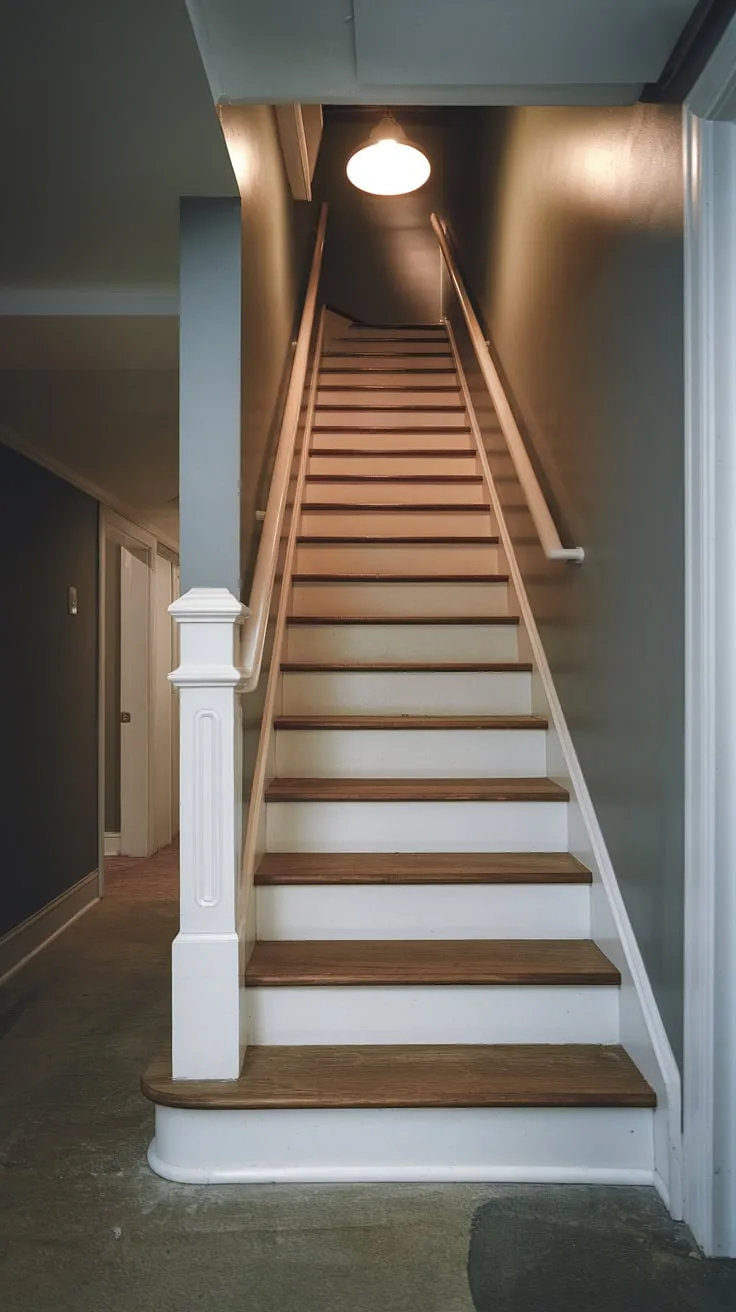 The narrow basement stairway, with its worn wooden steps and simple white railing, hints at a potential basement stairway makeover. The gray walls and concrete floor offer a blank canvas for basement stairway decor, while the existing structure provides a solid foundation for basement stairwell ideas and basement stairway design. A basement stairway renovation could dramatically transform this space.