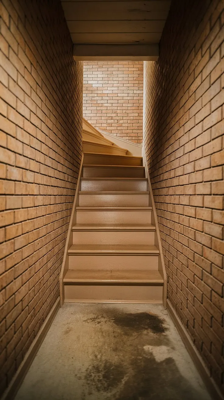 A glimpse into the depths: These narrow basement stairs, ripe for a basement stairway renovation, offer a chance to transform this interior basement staircase with creative basement stairway decor. Consider these basement steps a starting point for your next project.