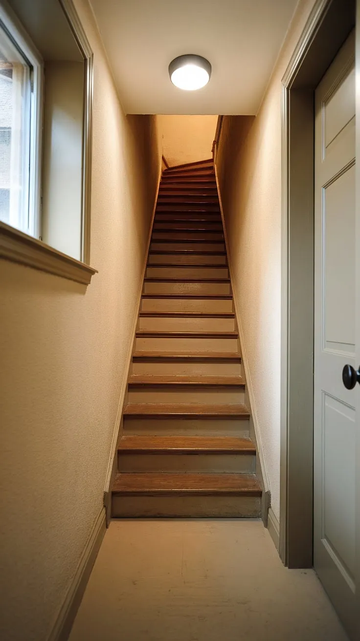 Descend into the cozy depths with this narrow basement stairway, showcasing a simple yet effective basement stairway design. The aged wooden basement steps, paired with the small window and door, offer a charming glimpse into basement stairwell ideas for a potential basement stairway makeover or renovation. Consider this image inspiration for your own interior basement staircase, whether you're looking for basement stairway decor or a complete transformation.