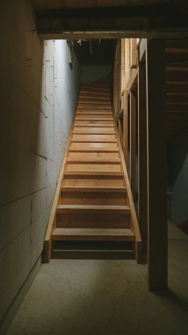 The dimly lit narrow basement stairway, with its worn wooden steps and concrete floor, hints at untold stories. A few stray nails in the wall add to the aged charm, inspiring ideas for a basement stairway makeover. This interior basement staircase, while currently simple, offers potential for creative basement stairway design and decor, perhaps even a complete basement stairway renovation. The challenge of this narrow basement stairs presents exciting possibilities for basement stairwell ideas.