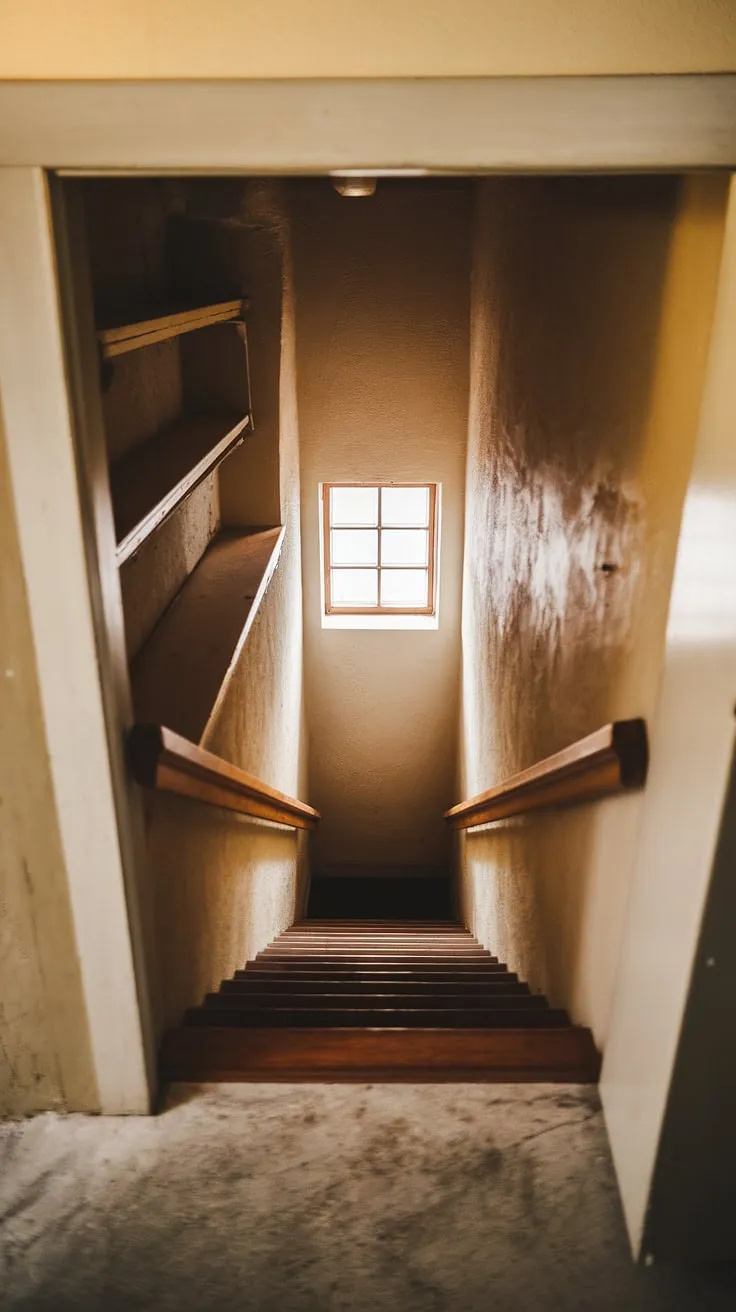 This image captures the essence of a cozy basement stairway, perfect for those seeking basement stairwell ideas. The narrow basement stairs, though limited in space, are enhanced by the warm lighting and simple wooden railing. This interior basement staircase is a testament to how thoughtful basement stairway design can transform a utilitarian space. The concrete floor and small shelf offer opportunities for creative basement stairway decor, and the overall aesthetic suggests a potential basement stairway makeover that balances functionality with charm. The image provides inspiration for those considering a basement stairway renovation.