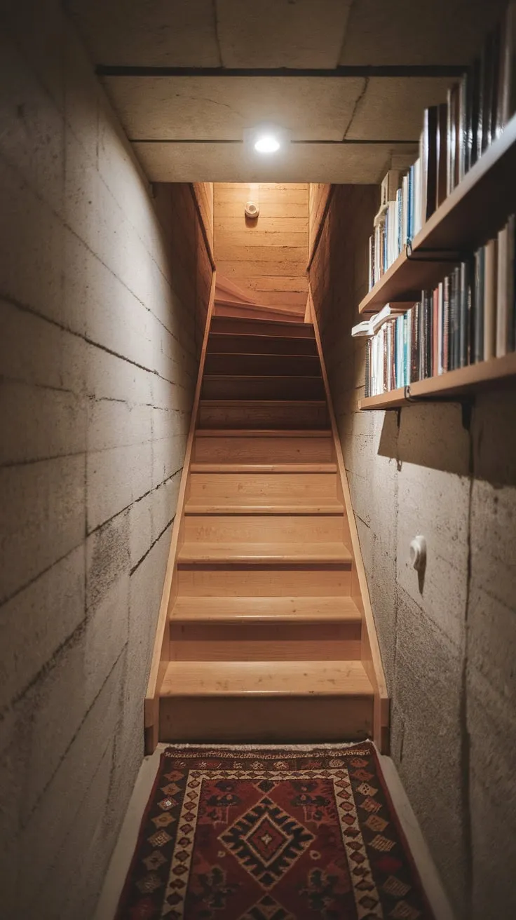 This basement stairway, with its worn wooden basement steps and inviting ambiance, showcases the potential of a basement stairway renovation. Even narrow basement stairs can become a highlight, thanks to creative basement stairway decor. Explore these basement stairwell ideas for your own space.
