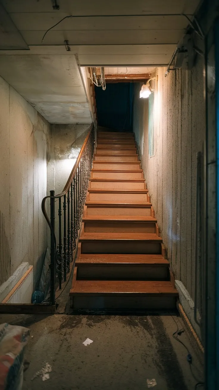 A glimpse into the depths: This dimly lit basement stairway, with its worn wooden steps and wrought-iron railing, begs for a basement stairway renovation. From basement stairway decor to a complete transformation, the potential for this narrow basement stairs is endless.