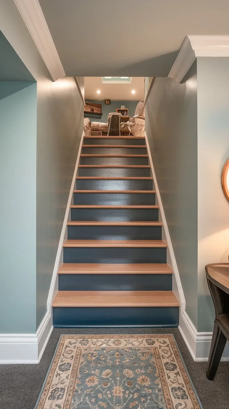 A stunning basement stairway renovation! This narrow basement stairs transformation utilizes a striking navy blue and cream color scheme for a dramatic yet elegant effect. The thoughtful basement stairway decor, including the patterned rug and soft wall colors, maximizes the limited space. This project offers excellent basement stairwell ideas and demonstrates how a simple basement stairway makeover can dramatically improve the overall feel of a basement. The result is a functional and stylish interior basement staircase leading to a comfortable basement living area.