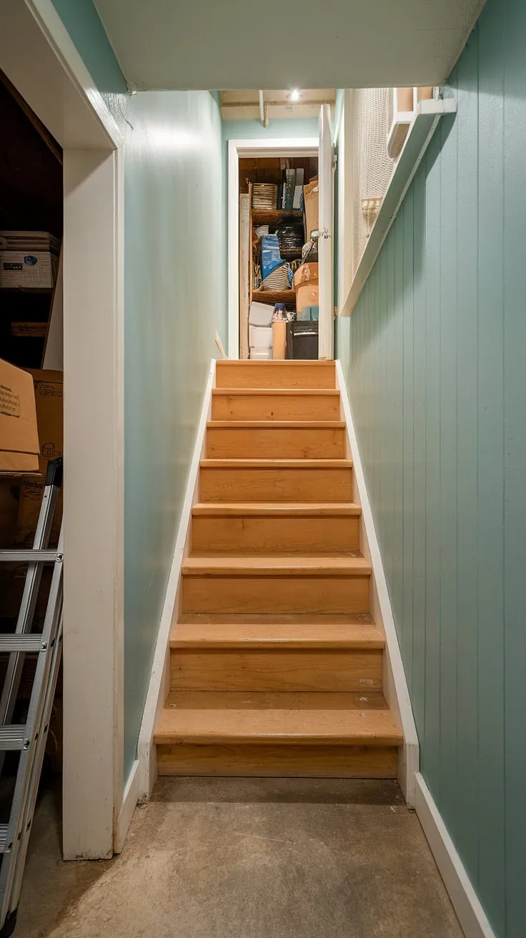 This narrow basement stairway, though challenging, offers inspiration for basement stairwell ideas. A basement stairway makeover could transform this space, showcasing clever basement stairway design and basement stairway decor.
