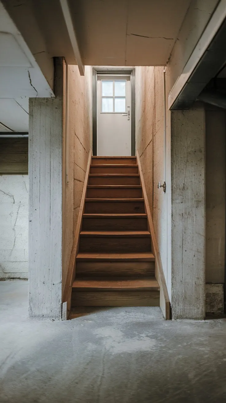 Descending into the depths: A glimpse at this narrow basement stairs reveals potential. Basement stairway design and basement stairway decor could elevate this simple basement stairway renovation project.