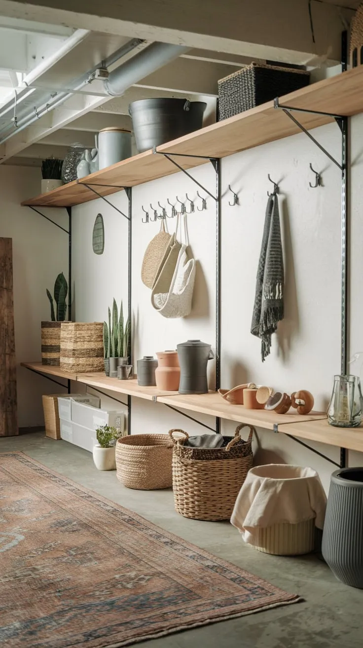 Stylish Modern Basement Storage with Wooden Shelves