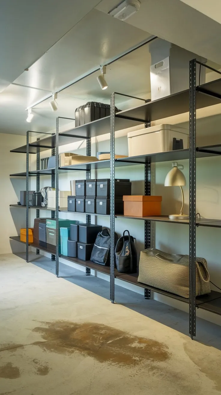 Sleek Modern Basement Storage with Bright Lighting