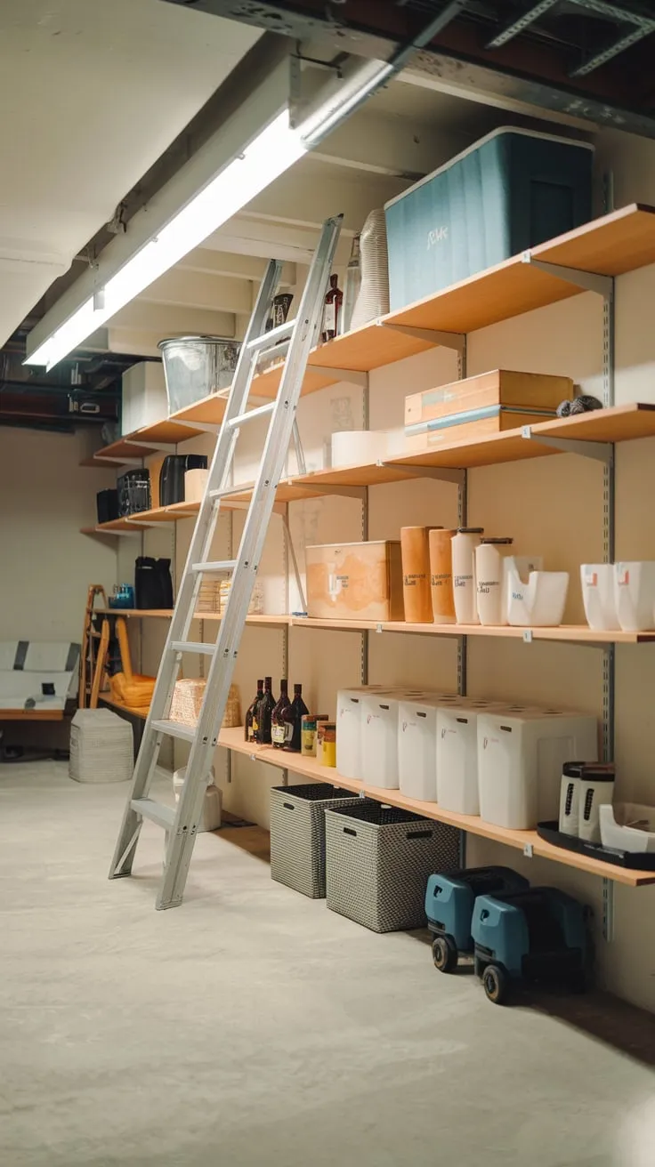 Bright Modern Basement Storage with Wooden Shelves