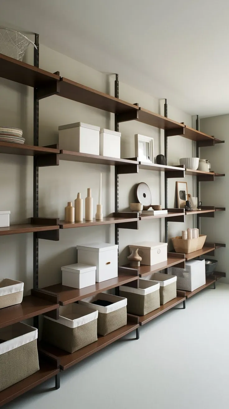 Stylish Modern Basement Storage with Dark Wood Shelves