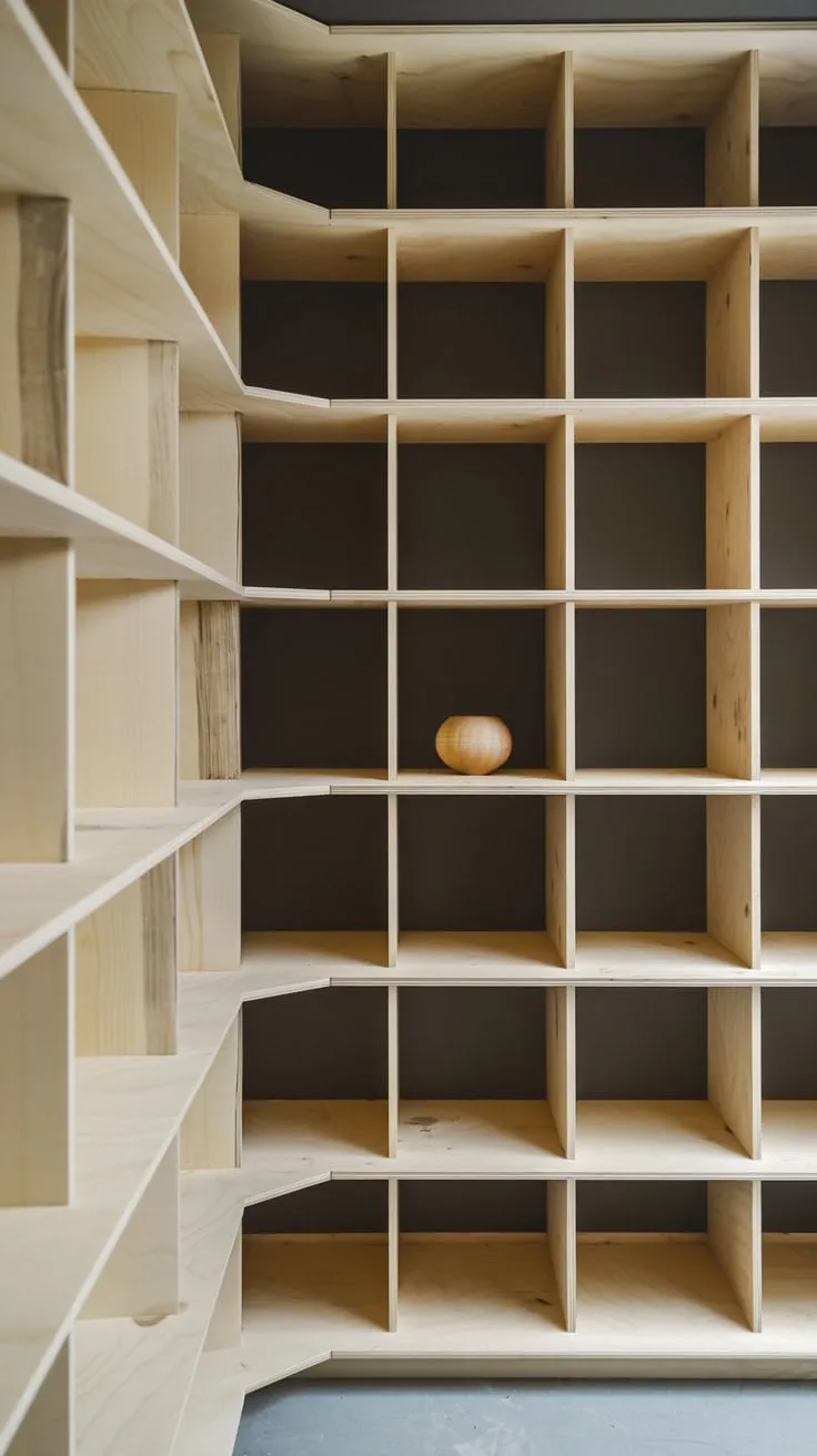 Modern Basement Storage with Wooden Shelves and Decor
