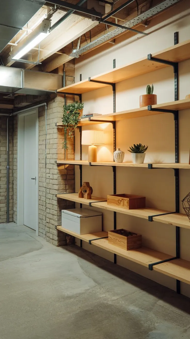 Stylish Modern Basement Storage with Wooden Shelves