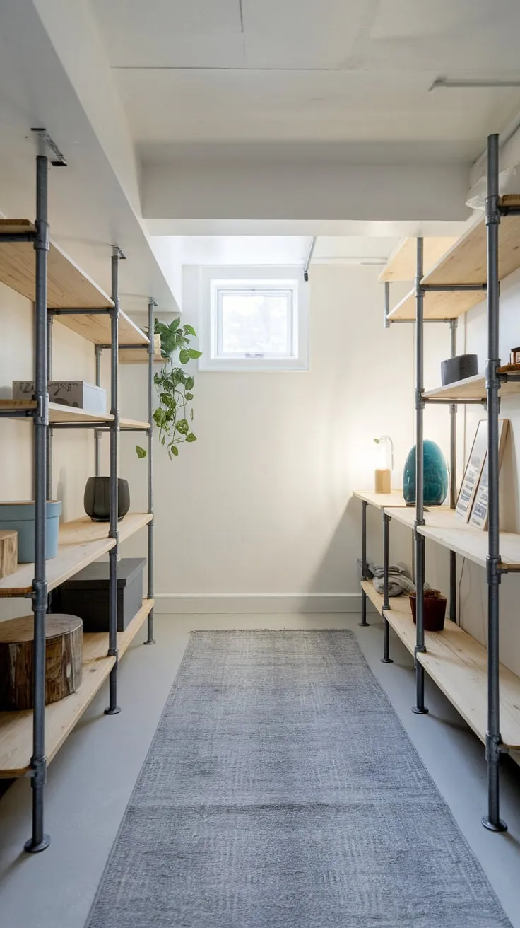 Bright Modern Basement Storage with Stylish Pipe Shelves