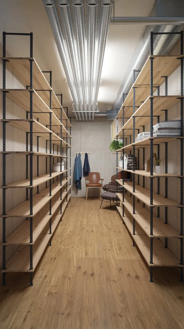 Stylish Modern Basement Storage with Metal and Wood
