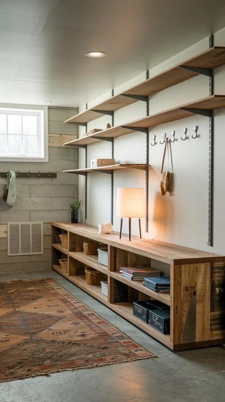 Stylish Modern Basement Storage with Wooden Shelves