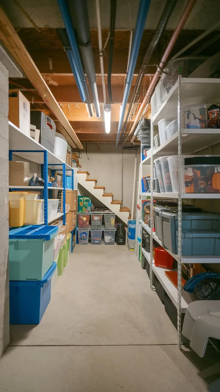 This bright and organized basement showcases clever storage solutions, maximizing every inch.  From under stairs storage and crawl space storage to custom shelving and a variety of storage containers and boxes, this basement renovation demonstrates effective basement organization and smart home storage ideas.  Basement waterproofing ensures a dry and functional space, while the partially finished basement offers a blend of practicality and potential for future basement finishing.