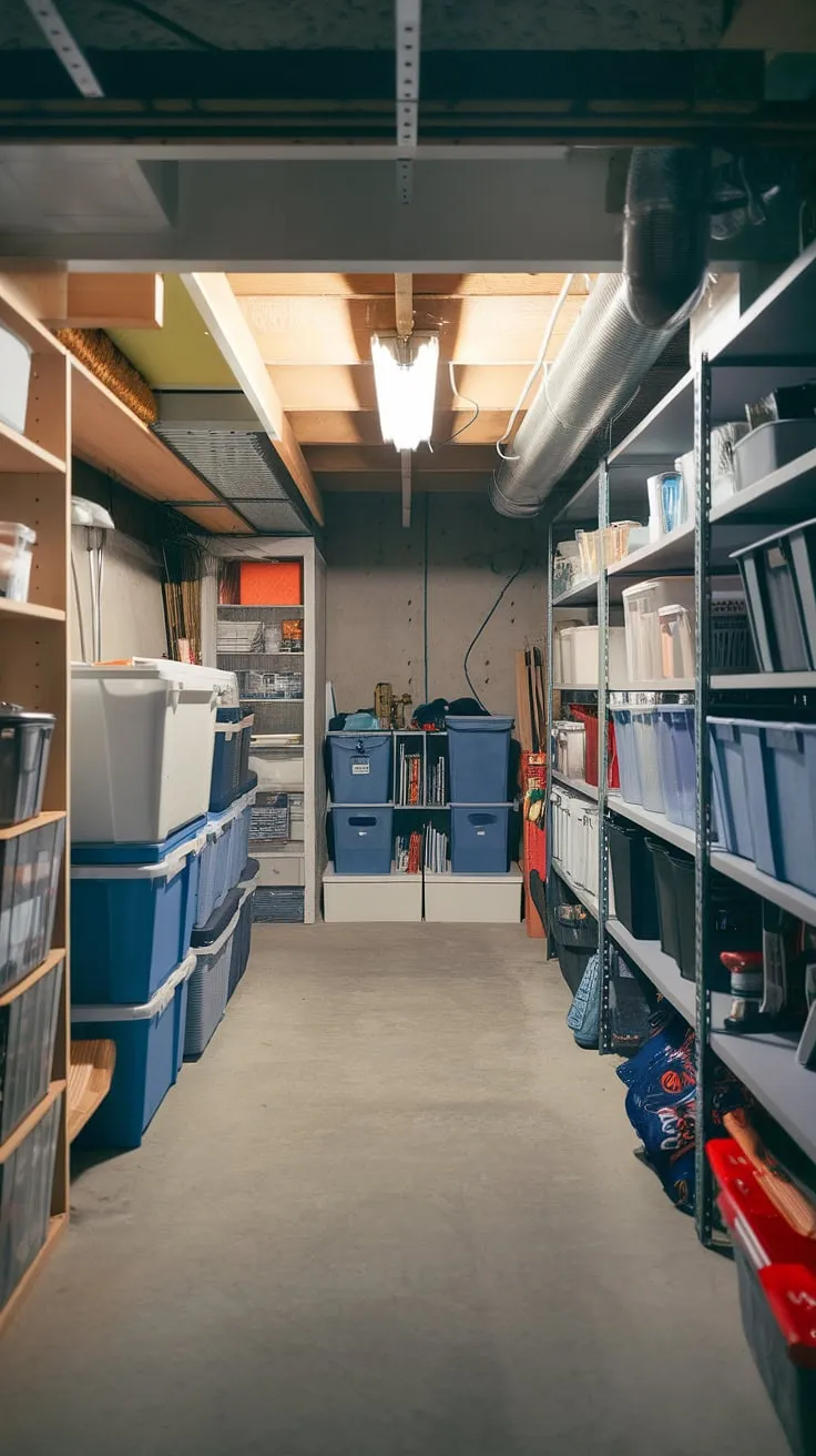 Transform your basement from cluttered chaos to organized oasis!  This basement storage setup demonstrates clever basement organization, utilizing every nook and cranny—including under stairs storage and crawl space storage.  Practical shelving, storage containers, and storage boxes keep everything tidy.  Consider basement waterproofing and basement renovation for even more potential.  These organization tips and storage ideas are perfect for maximizing your home storage.