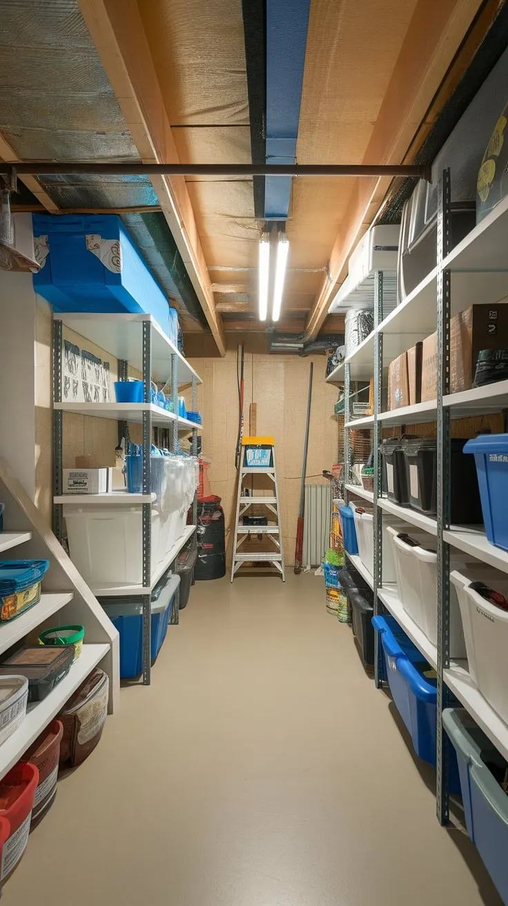 Unleash the potential of your basement with these brilliant storage solutions!  This basement finishing project demonstrates how effective basement organization can be, utilizing every inch of space – from under stairs storage and crawl space storage to custom shelving and a variety of storage boxes and containers.  Basement waterproofing protects your belongings, while the clear pathways and labeled storage make finding anything a breeze.  Get inspired by these organization tips for your own basement renovation.