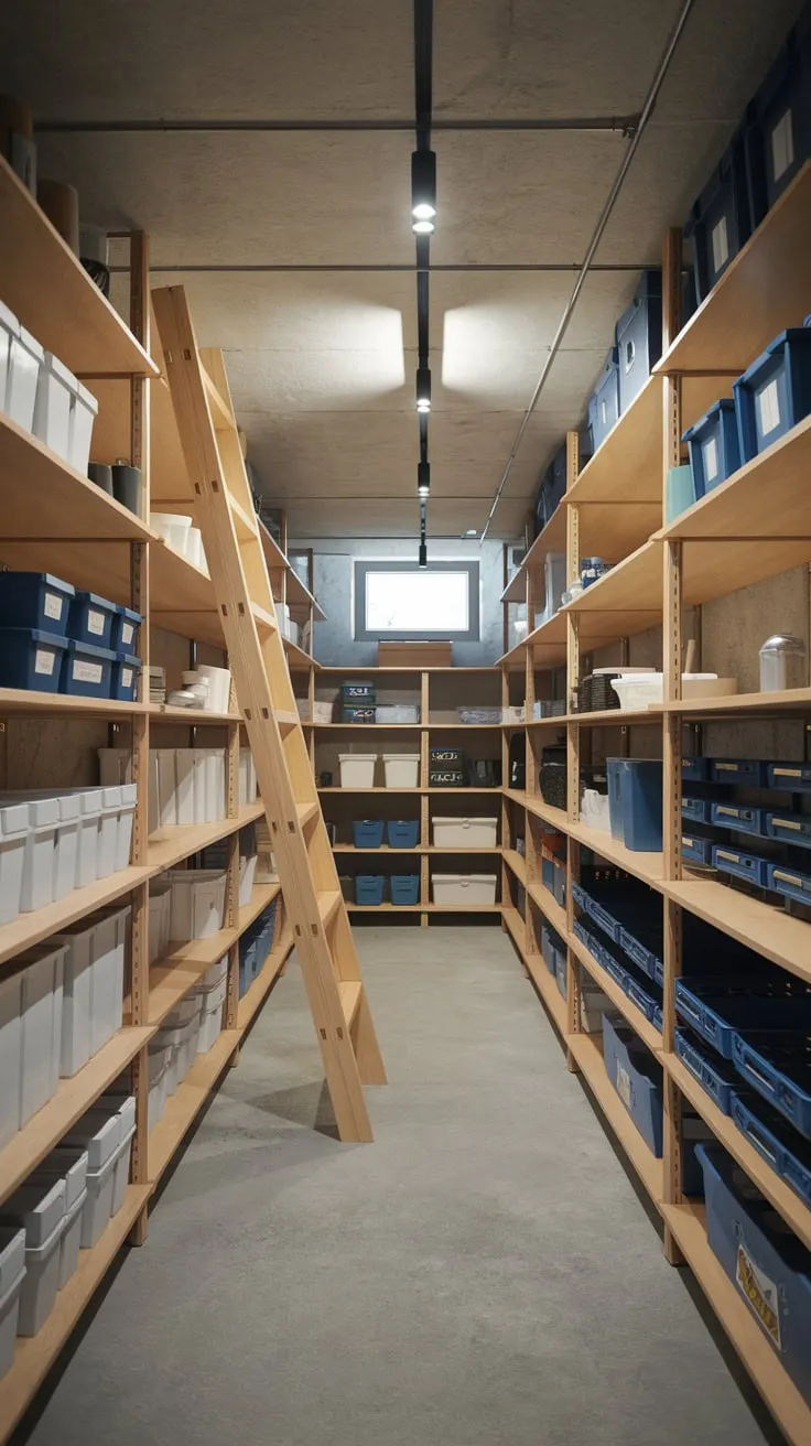 Stylish Modern Basement Storage with Wooden Shelves