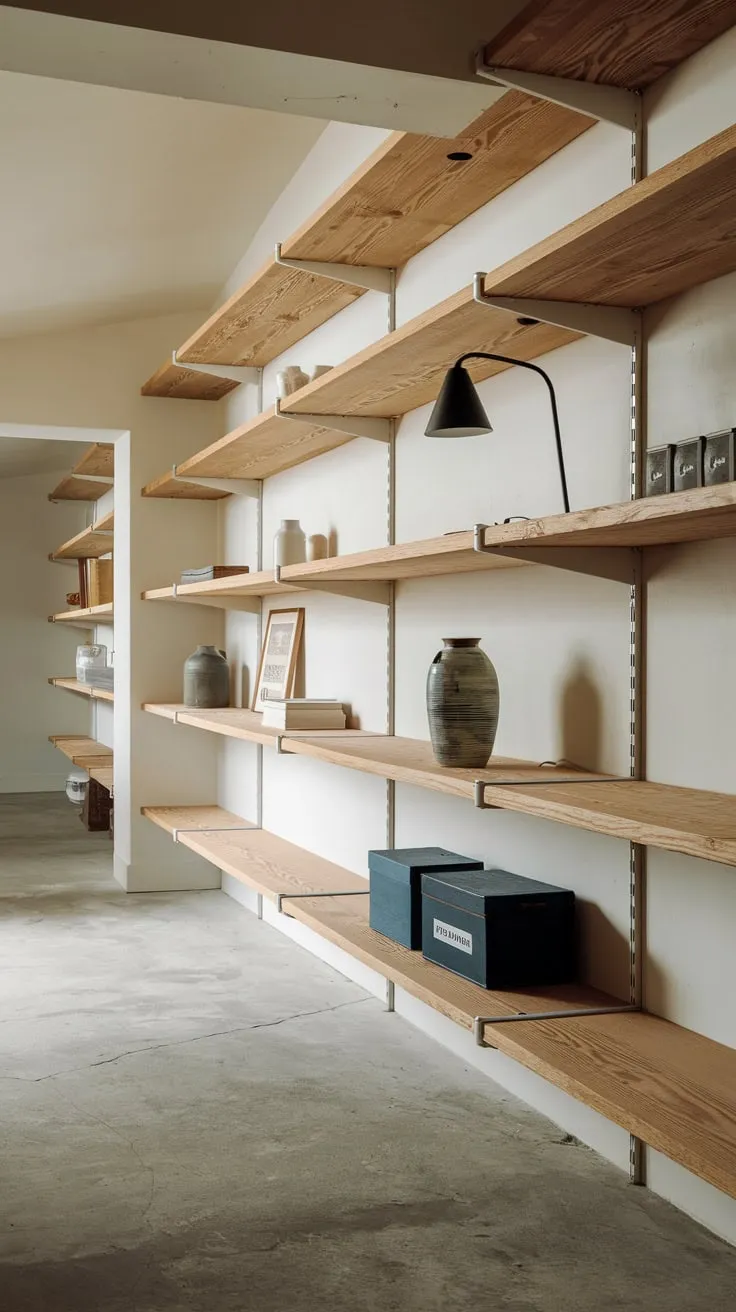 Stylish Oak Shelves Enhance Modern Basement Storage Design
